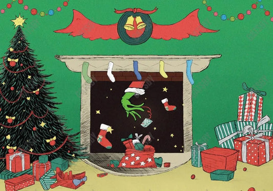 Merry Grinchmas Theme Fireplace Backdrop - Gatsby Backdrop