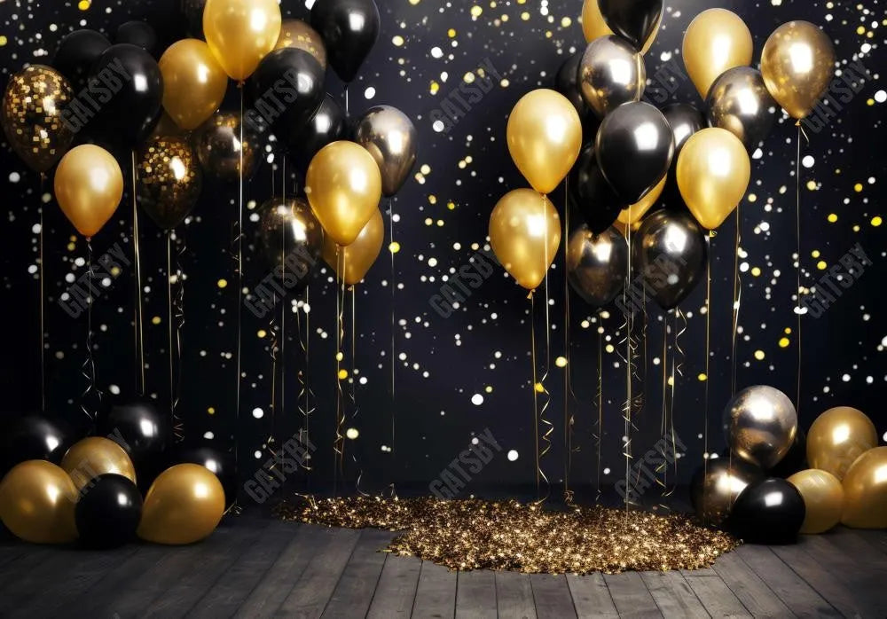 New Year Black and Gold Balloons Photography Backdrop - Gatsby Backdrop