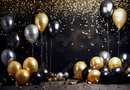 New Year Black Silver and Gold Balloons Backdrop - Gatsby Backdrop