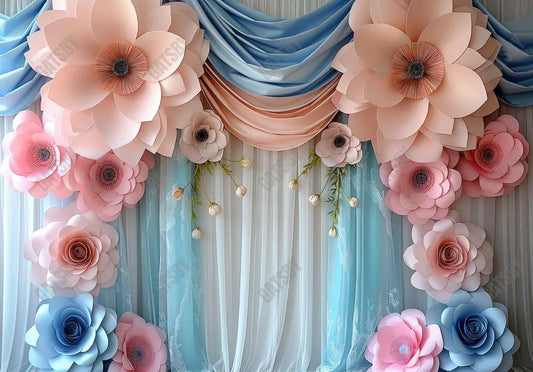 Pastel Color Drapery With Floral Decor Backdrop - Gatsby Backdrop