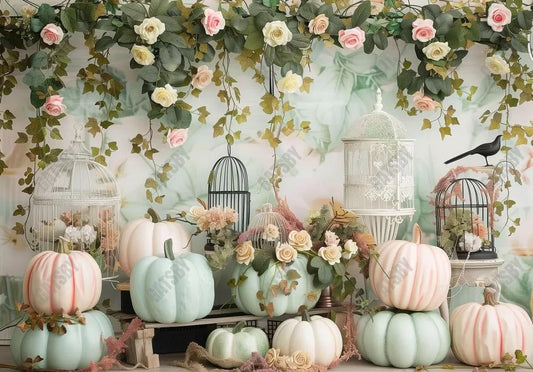 Pastel Green Pink Pumpkin Flowers Vine Backdrop - Gatsby Backdrop