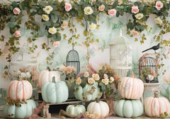 Pastel Green Pink Pumpkin Flowers Vine Backdrop - Gatsby Backdrop