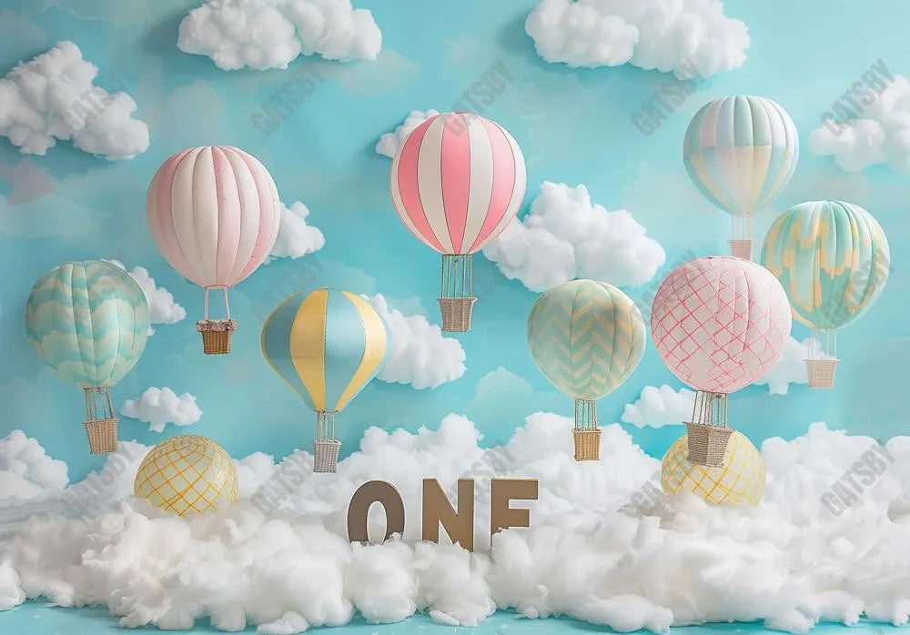 Pastel Hot Air Balloon ONE Birthday Blue Backdrop - Gatsby Backdrop