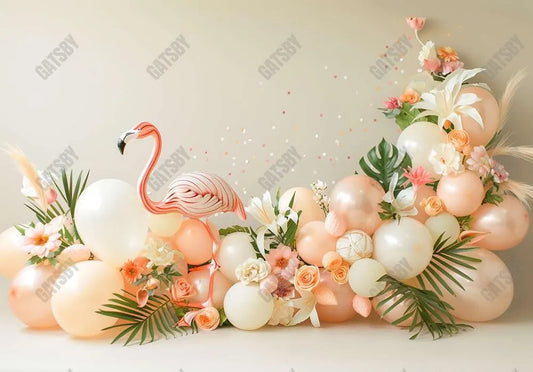 Pastel Pink Flamingo Floral Cream Balloons Backdrop - Gatsby Backdrop