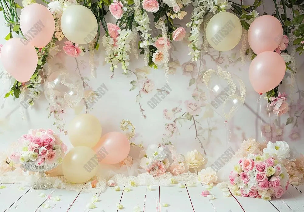 Pastel Pink Flowers Beige Balloons Backdrop - Gatsby Backdrop