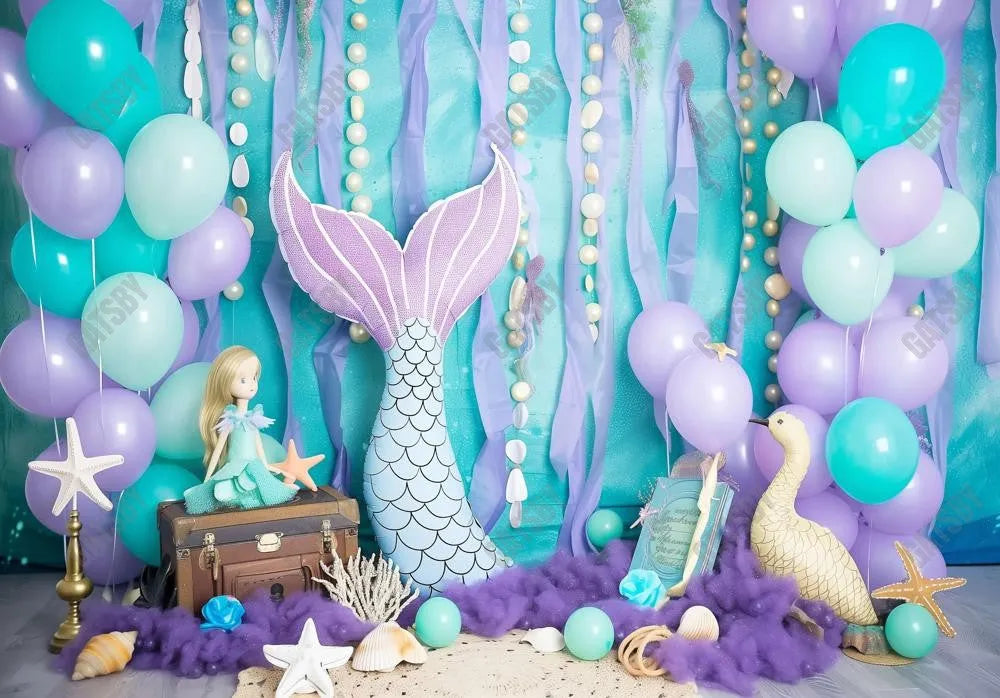 Pastel Purple Mermaid Balloons Backdrop - Gatsby Backdrop