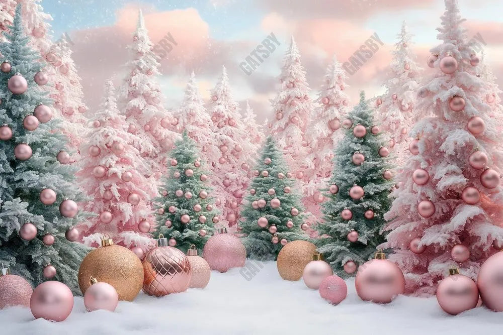 Pink And Green Christmas Tree Forest Photography Backdrop GBSX-99847 - Gatsby Backdrop