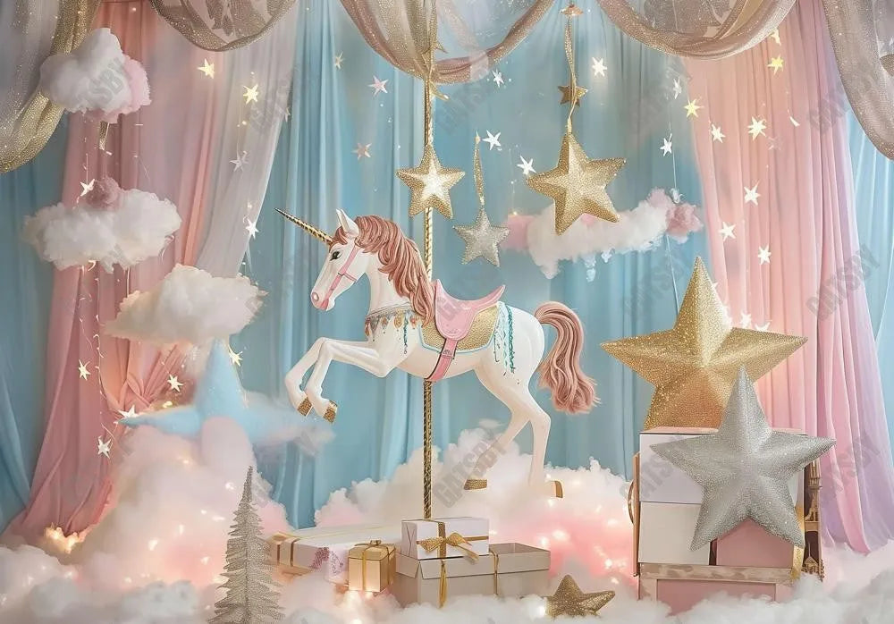Pink and Pastel Blue Unicorn Carousel Backdrop – Gatsby Backdrop