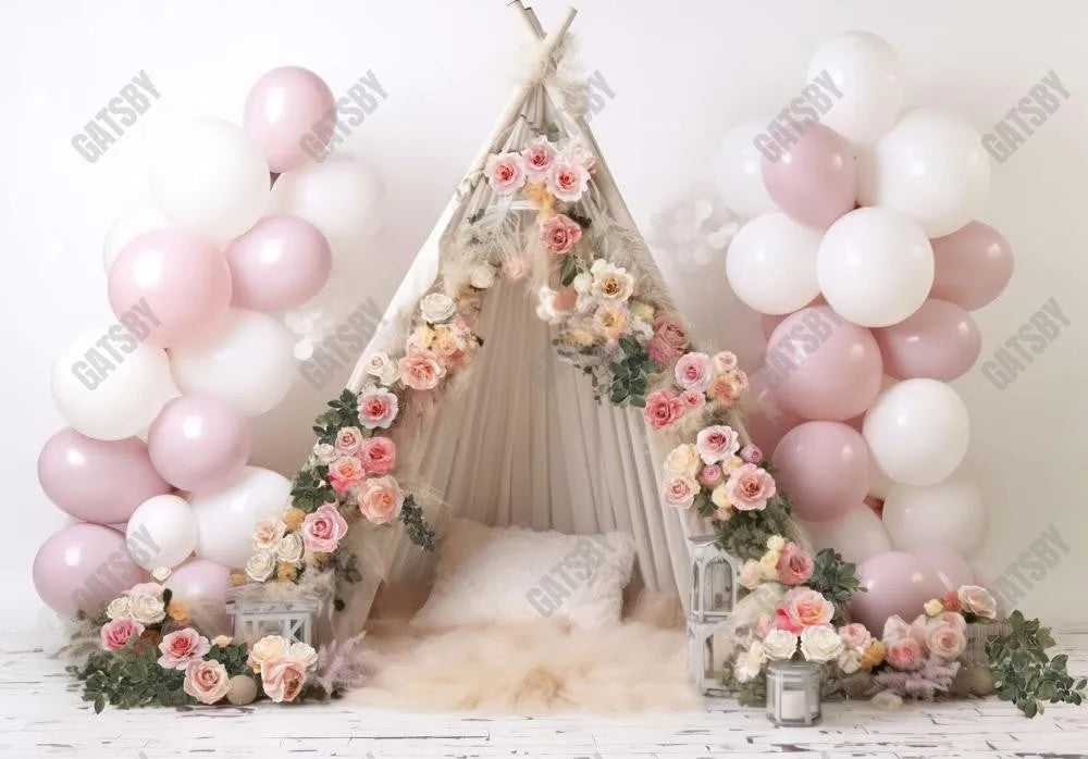 Pink Boho Flower Teepee Tent Backdrop - Gatsby Backdrop