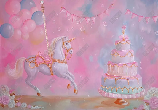 Pink Carousel Horse Cake Backdrop - Gatsby Backdrop