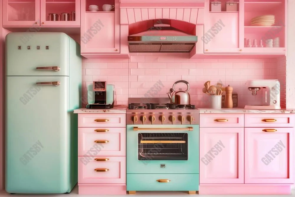 Pink Dollhouse Kitchen Photography Backdrop GBSX-99852 - Gatsby Backdrop