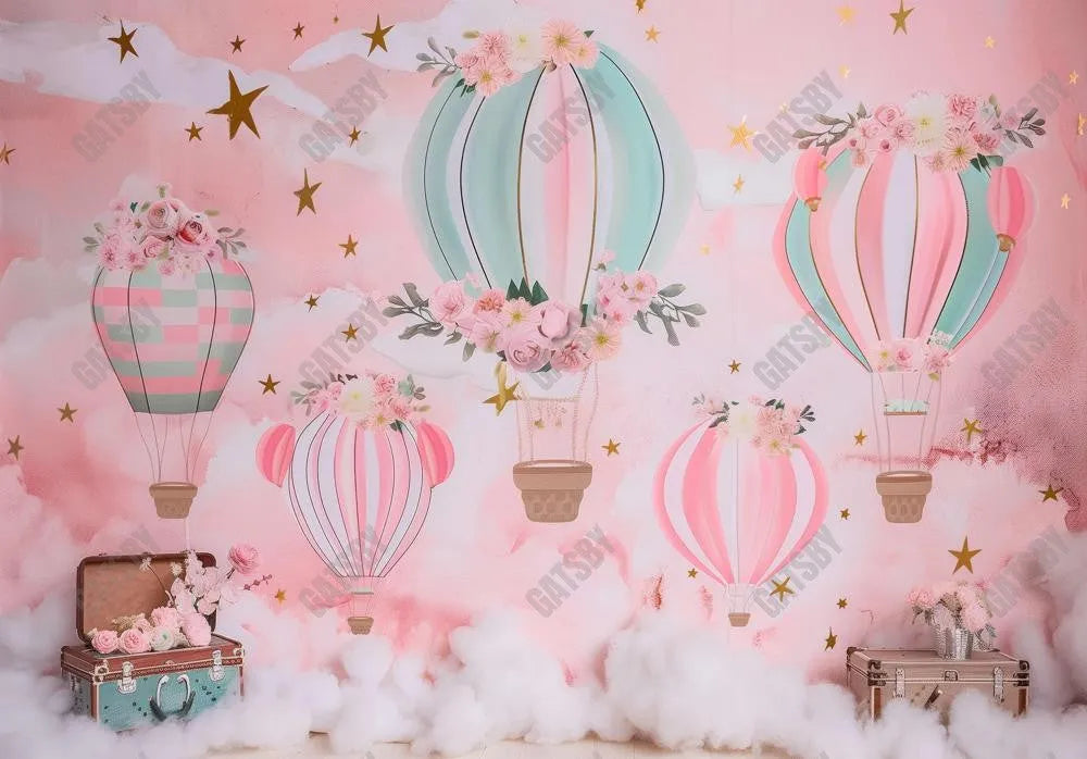 Pink Floral Hot Air Balloons Backdrop - Gatsby Backdrop