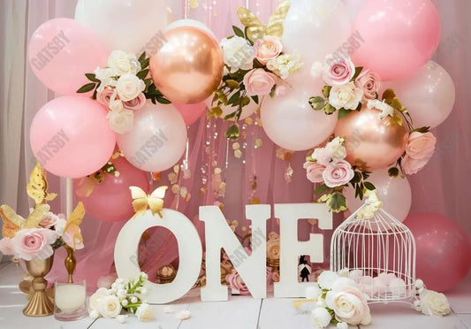 Pink Flower Balloons ONE Birthday Backdrop - Gatsby Backdrop