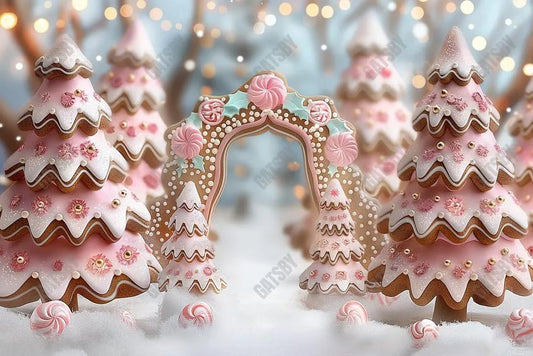 Pink Gingerbread Tree Photography Backdrop GBSX-99859 - Gatsby Backdrop