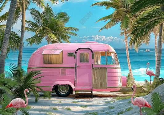 Pink Summer Beach Van Vacation Backdrop - Gatsby Backdrop