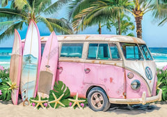 Pink Vintage Hippie Bus Beach Backdrop - Gatsby Backdrop