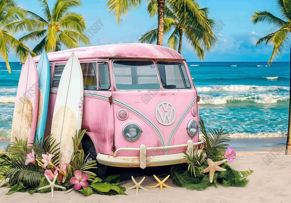 Pink Vintage Hippie Bus Island Backdrop - Gatsby Backdrop