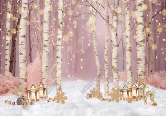Pink Winter Snowy Woodland Forest Photo Backdrop - Gatsby Backdrop