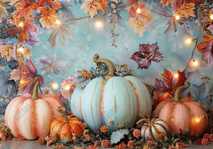 Pumpkins Orange Leaves Blue Wall Backdrop - Gatsby Backdrop