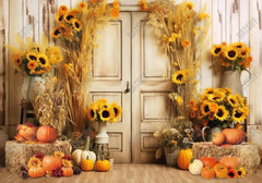 Pumpkins Sunflowers Barn Door Photography Backdrop - Gatsby Backdrop