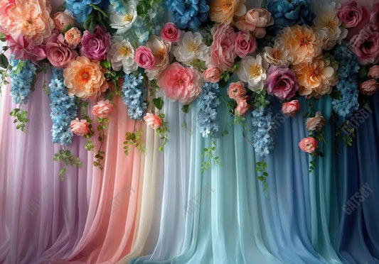 Rainbow Ombre Pastel Color Drapery With Floral Decor Backdrop - Gatsby Backdrop
