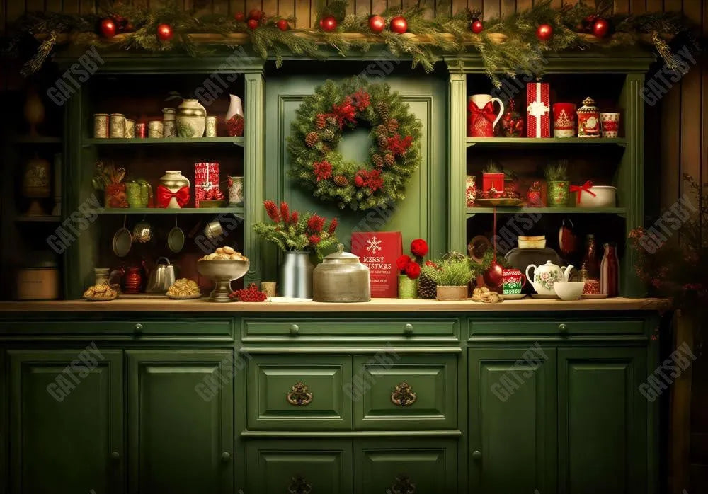 Red and Green Christmas Kitchen Backdrop - Gatsby Backdrop