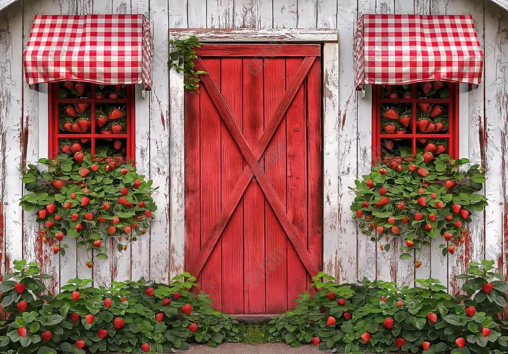 Red Barn Door With Strawberry Plants Backdrop - Gatsby Backdrop