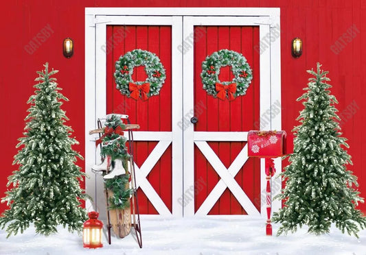 Red Christmas Barn Photography Backdrop GBSX-99880 - Gatsby Backdrop