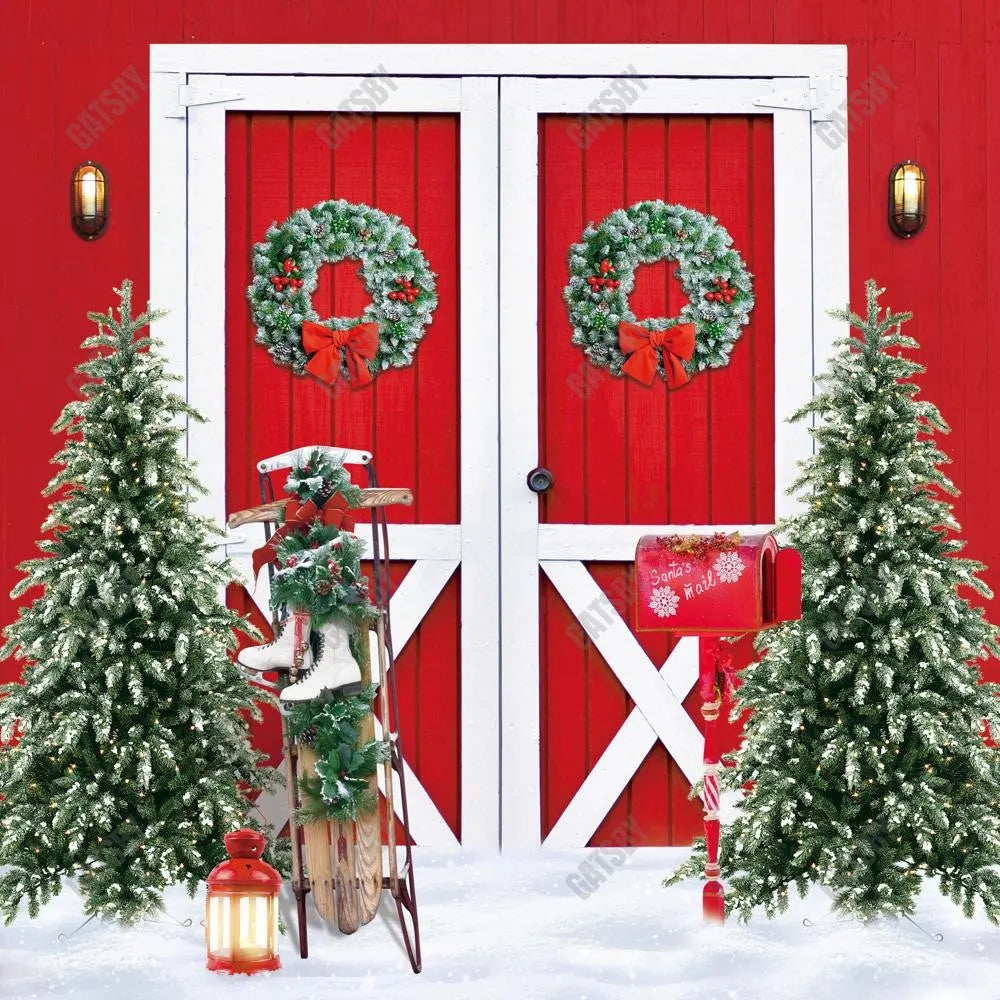 Red Christmas Barn Photography Backdrop GBSX-99880 - Gatsby Backdrop