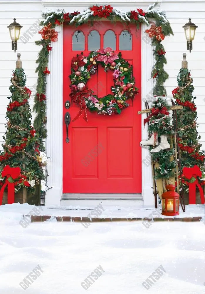 Red Christmas Door Photography Backdrop GBSX-99881 - Gatsby Backdrop