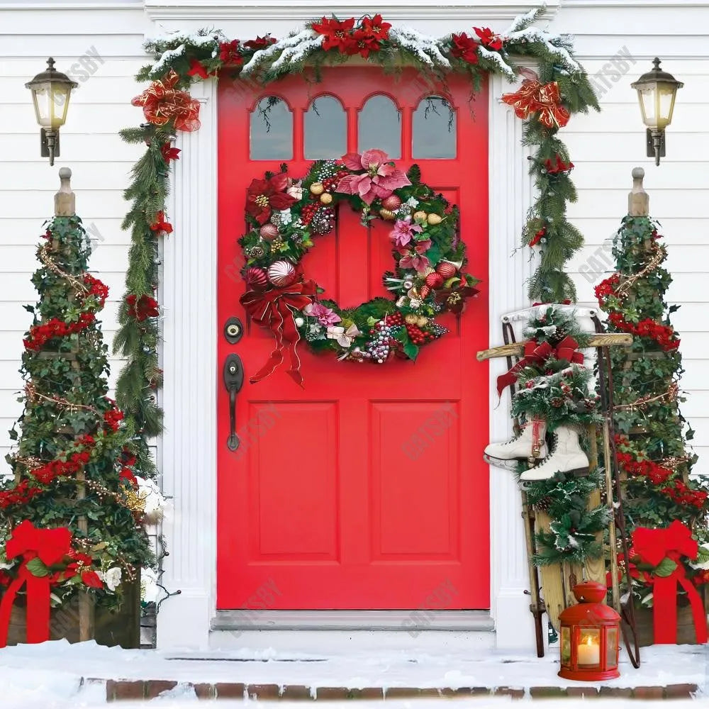 Red Christmas Door Photography Backdrop GBSX-99881 - Gatsby Backdrop