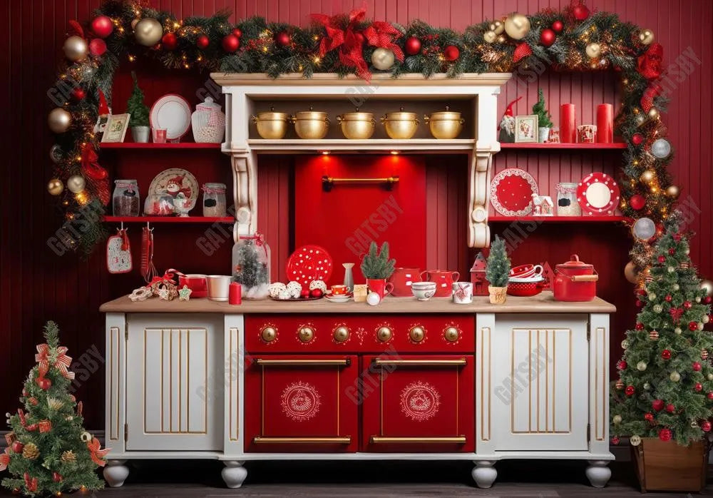 Red Christmas Kitchen Backdrop - Gatsby Backdrop