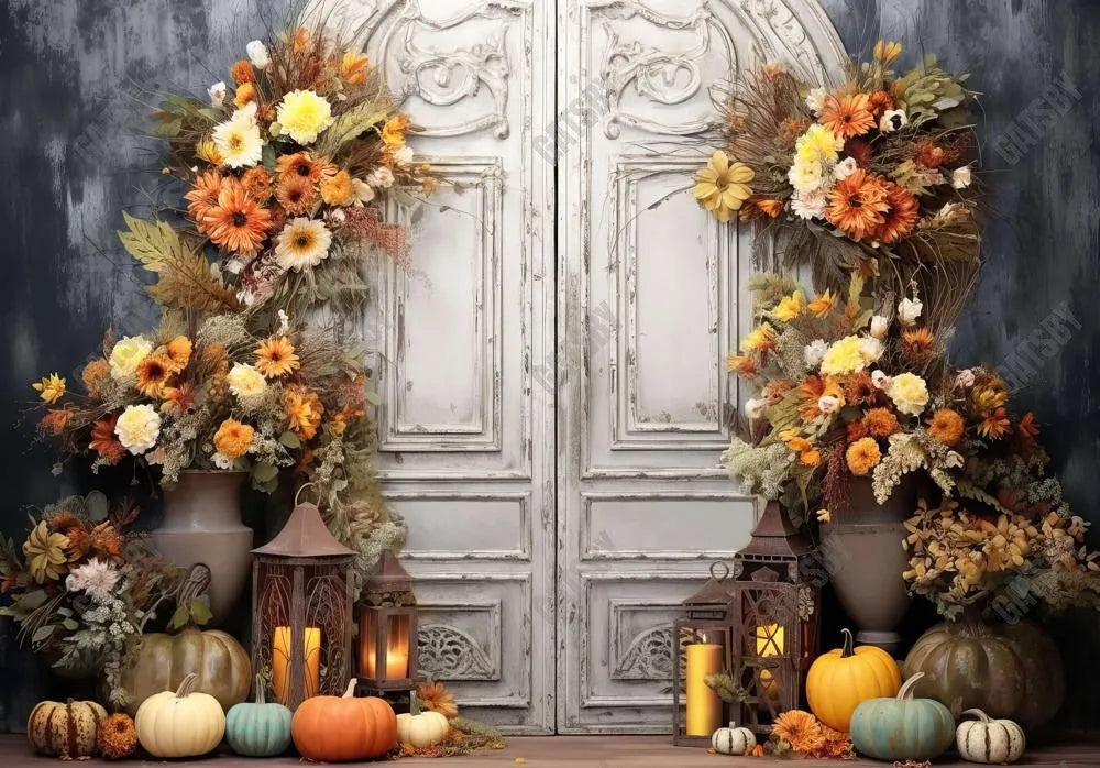 Retro Boho White Autumn Pumpkin Door Backdrop - Gatsby Backdrop