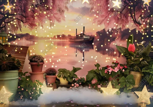 River Boat Pink Sunset Sky Backdrop - Gatsby Backdrop