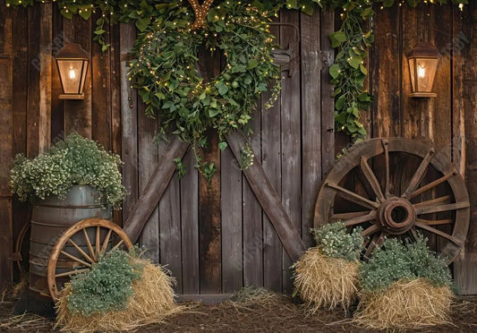 Rustic Barn Wood Door Wheel Backdrop - Gatsby Backdrop