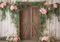 Rustic Wood Door Pink Flowers Backdrop - Gatsby Backdrop