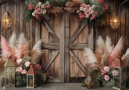 Rustic Wooden Door Pampas Grass Backdrop - Gatsby Backdrop