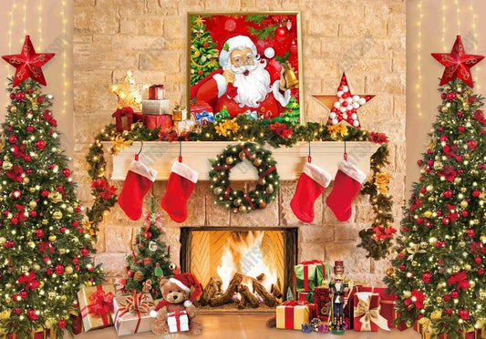 Santa Claus Christmas Fireplace Photo Backdrop - Gatsby Backdrop