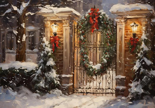 Snowy Christmas Gate Photography Backdrop - Gatsby Backdrop
