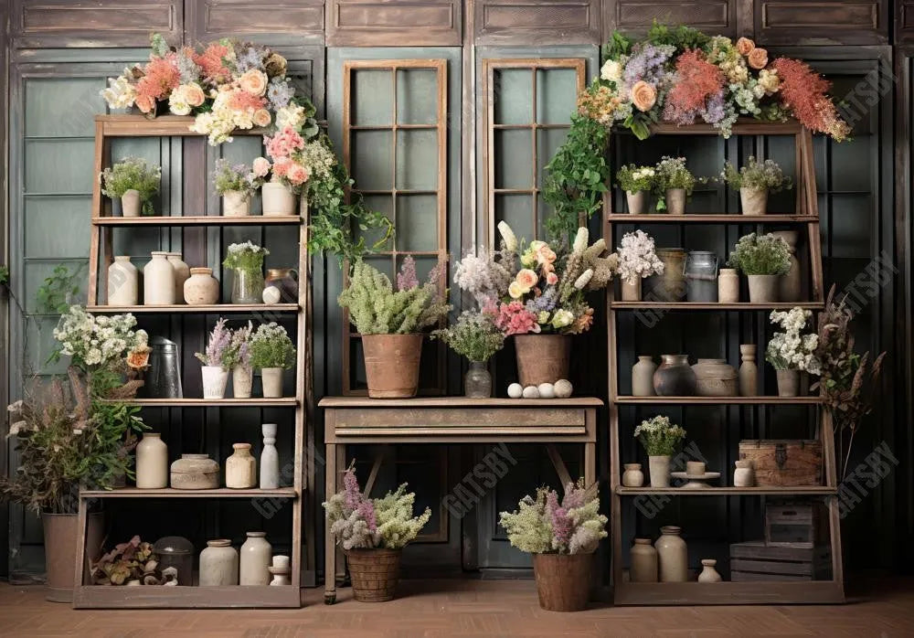 Spring Botanical Flowers Wooden Shelf Photography Backdrop - Gatsby Backdrop