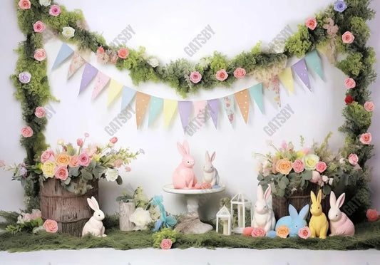 Spring Easter Rabbits Floral Garden Backdrop - Gatsby Backdrop