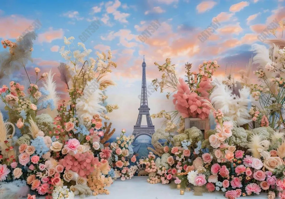 Spring Eiffel Tower Flowers Backdrop - Gatsby Backdrop