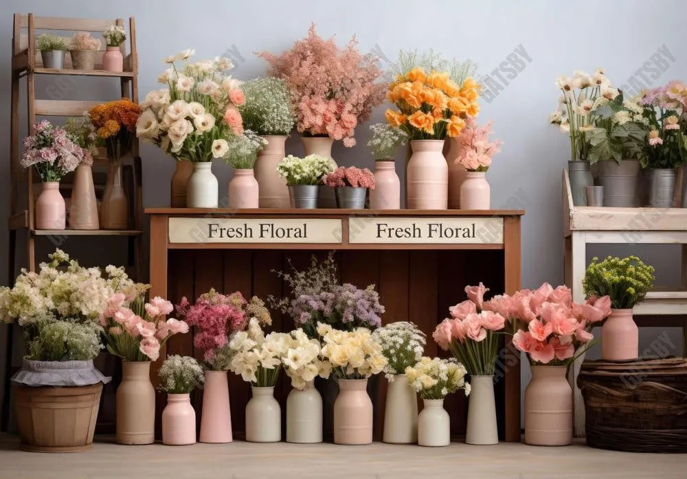 Spring Fresh Flowers Market Wooden Shelf Backdrop - Gatsby Backdrop