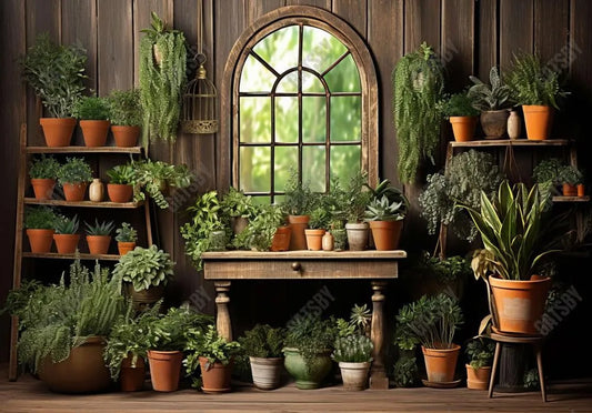 Spring Green Potted Plants Wooden Room Photography Backdrop - Gatsby Backdrop