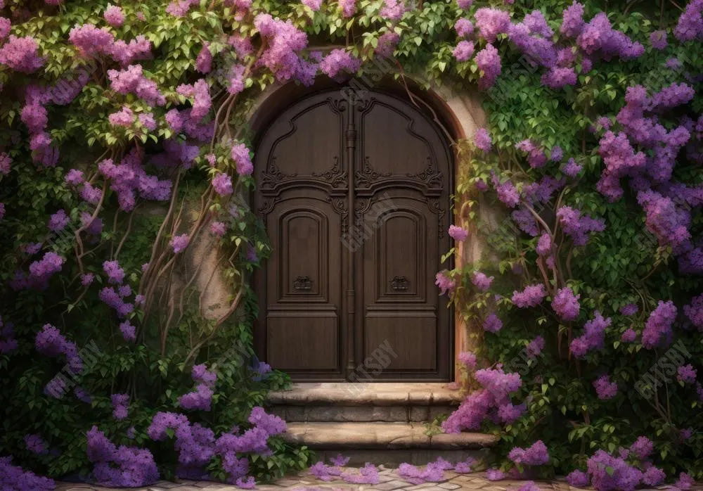 Spring Purple Flowers Wooden Door Garden Photography Backdrop - Gatsby Backdrop