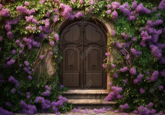 Spring Purple Flowers Wooden Door Garden Photography Backdrop - Gatsby Backdrop