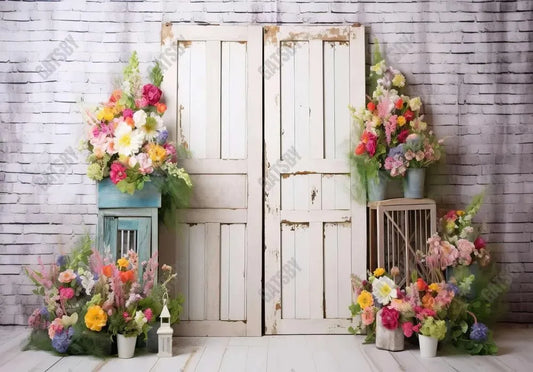 Spring White Wooden Door Floral Photography Backdrop - Gatsby Backdrop