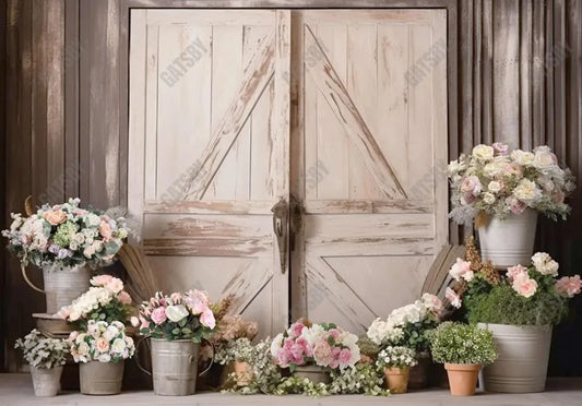 Spring White Wooden Door Flowers Photography Backdrop - Gatsby Backdrop