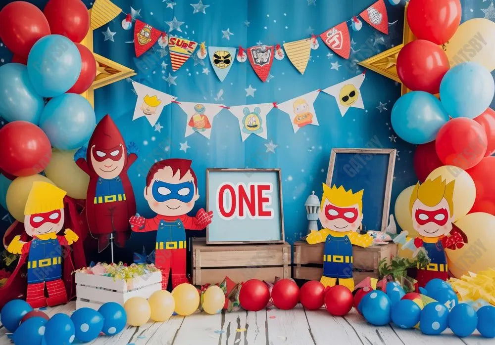 Super Hero Toys Balloons 1st Birthday Backdrop - Gatsby Backdrop