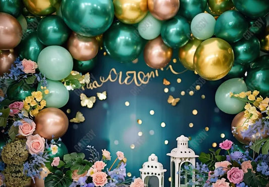 Teal Turquoise Golden Flower Balloons Backdrop - Gatsby Backdrop